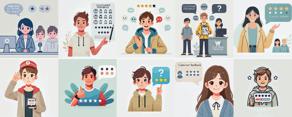 Vector set of a teenager asking for customer feedback in a simple flat design style