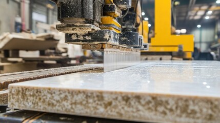 Industrial machines cutting large ceramic slabs into smaller tiles with precise dimensions in a busy factory."