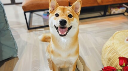 A cheerful Shiba Inu dog sitting indoors, showcasing its playful personality.