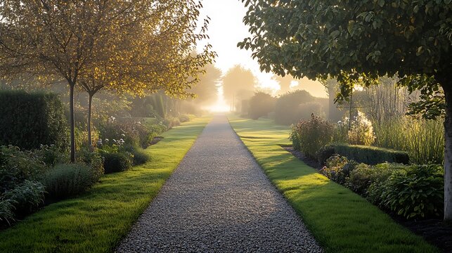 A tranquil gravel pathway with two parallel tracks vanishing into the distance shrouded in early morning mist 