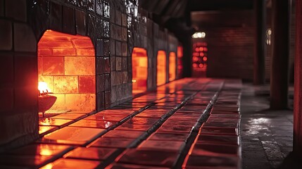 Massive kilns glowing red as they fire ceramic tiles, ensuring durability and even finishes."