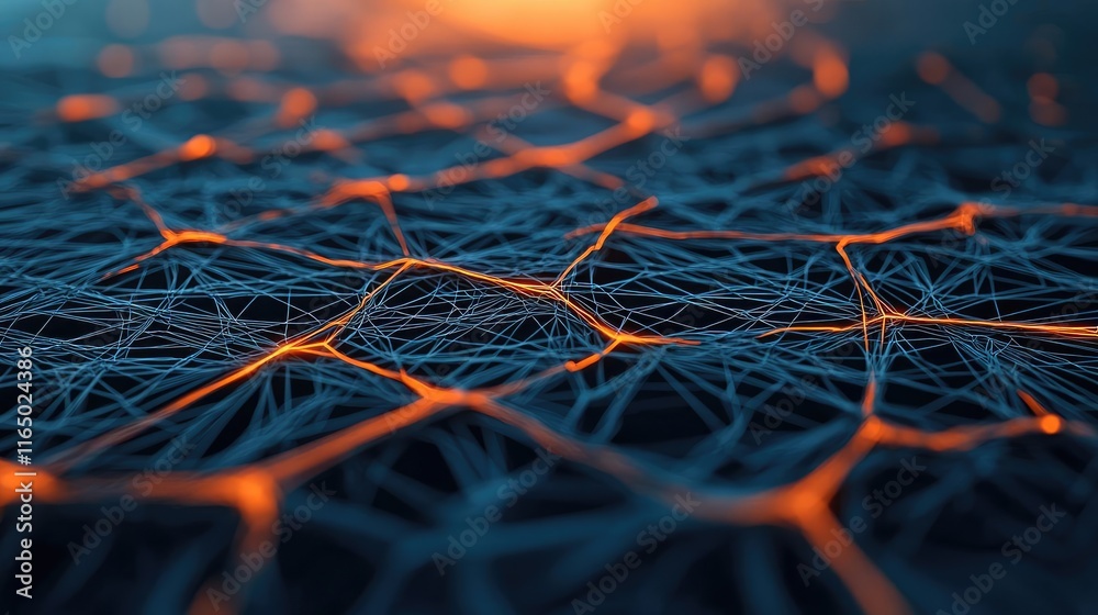 Poster Noise abstract background idea. Abstract representation of interconnected lines and nodes with warm glow in a futuristic style.