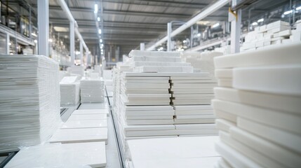 Robotic systems arranging ceramic tiles into uniform stacks for efficient transportation in a busy factory."
