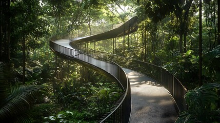 A winding steel pathway surrounded by dense vegetation symbolizing a thrilling journey into nature 