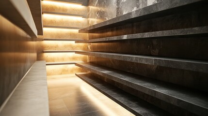 Shelves showcasing a gradient of neutral-toned tiles, ranging from light beige to deep charcoal, under warm lighting."