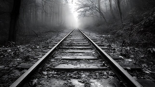 An abandoned railway track disappearing into the distance symbolizing solitude and directionless travel 