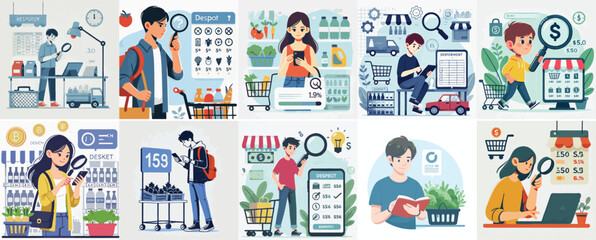 Vector set of a teenager researching the market in a simple flat design style