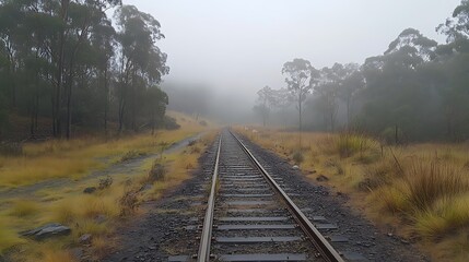 Fototapeta premium Endless parallel railway tracks stretching through a foggy natural landscape surrounded by damp grass and distant trees 