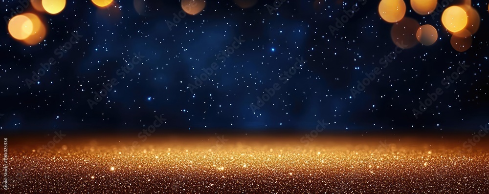 Poster Starry abstract background idea. Elegant golden bokeh lights against a dark background, creating a festive atmosphere.