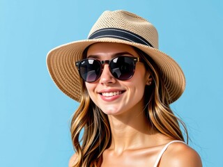 Fototapeta premium Happy Woman Summer Sunglasses Straw Hat Blue Background