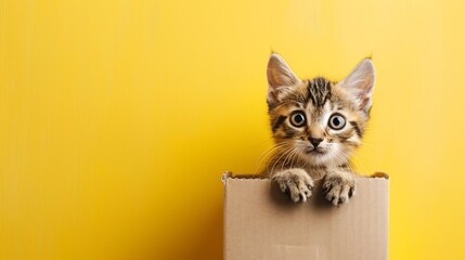 Adorable Kitten in a Cardboard Box Against a Yellow Background