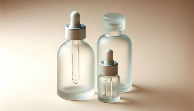 Cosmetic Two frosted glass dropper bottles lying flat on their sides, with the rounded bottle placed in the f3