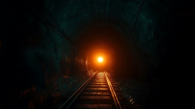 Steel rails leading into a dark tunnel with a glowing light at the exit symbolizing hope and exploration 