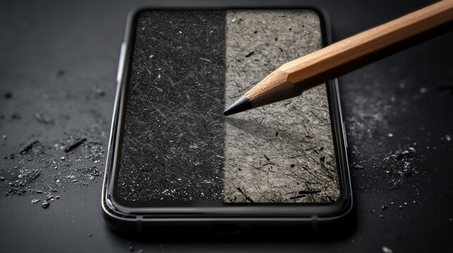 Innovative smartphone art concept: Pencil drawing contrasts on screen, blending traditional techniques with digital technology's modern interface.