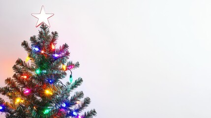 A beautifully adorned Christmas tree with colorful lights and a star at the top, surrounded by empty white space for text or design elements.