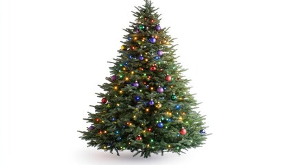 Obraz premium A beautifully decorated Christmas tree with colorful lights and shiny baubles, set against a clean, soft white backdrop with space for seasonal messages.