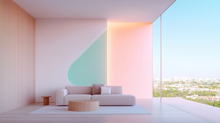 A minimalist living room featuring a sleek sofa, a geometric coffee table, and abstract art on the walls, with panoramic city views.