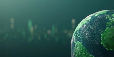 Fototapeta premium A close-up view of Earth, showcasing its vibrant blue oceans and green landmasses against a soft, blurred background of city lights.Environmental protection, sustainable development, clean energy