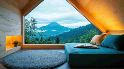 Fototapeta premium A cozy attic bedroom with exposed wooden beams, a reading nook by the window, and a plush rug adding warmth to the space.