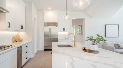 Fototapeta premium A modern kitchen with sleek white cabinets, stainless steel appliances, a marble countertop island, and pendant lights hanging above.