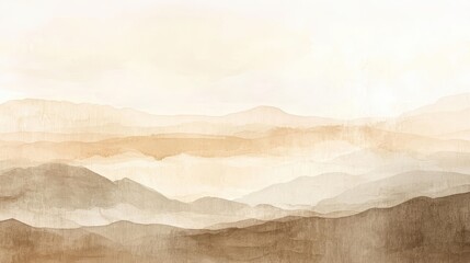 Fototapeta premium A serene watercolor landscape featuring soft earthy tones with gentle hills and a misty atmosphere, evoking tranquility and natural beauty.