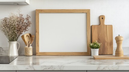 A blank wooden frame on a smooth marble countertop with natural lighting, ideal for sleek and elegant mockups or text overlays.