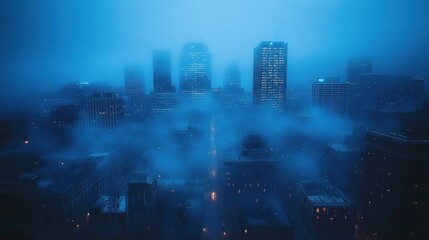 Fototapeta premium Foggy city skyline at night.