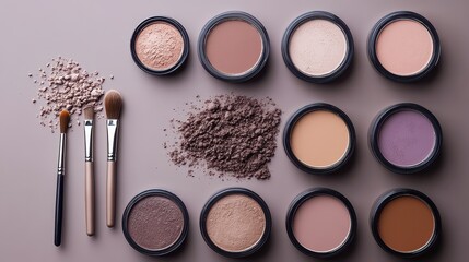 A variety of cosmetic powders and brushes are neatly arranged on a surface, showcasing different shades and textures ideal for makeup application.