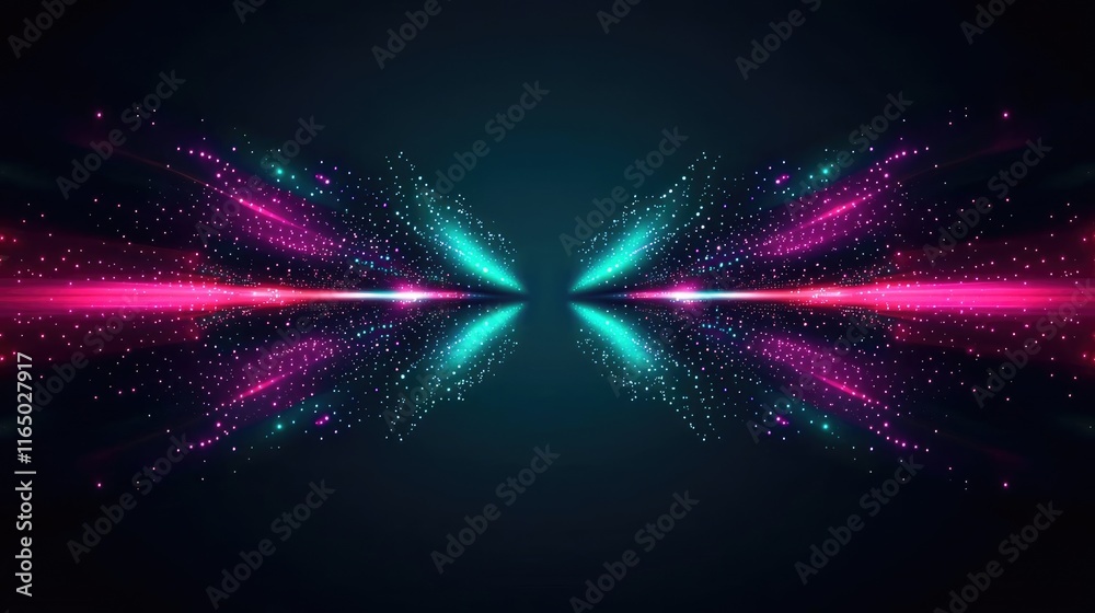 Poster starry abstract background idea. vibrant digital waves of pink and teal sparks glowing against a dar