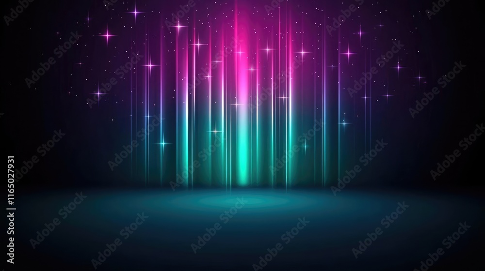 Poster Starry abstract background idea. Vibrant abstract background with colorful light beams and stars for artistic designs.