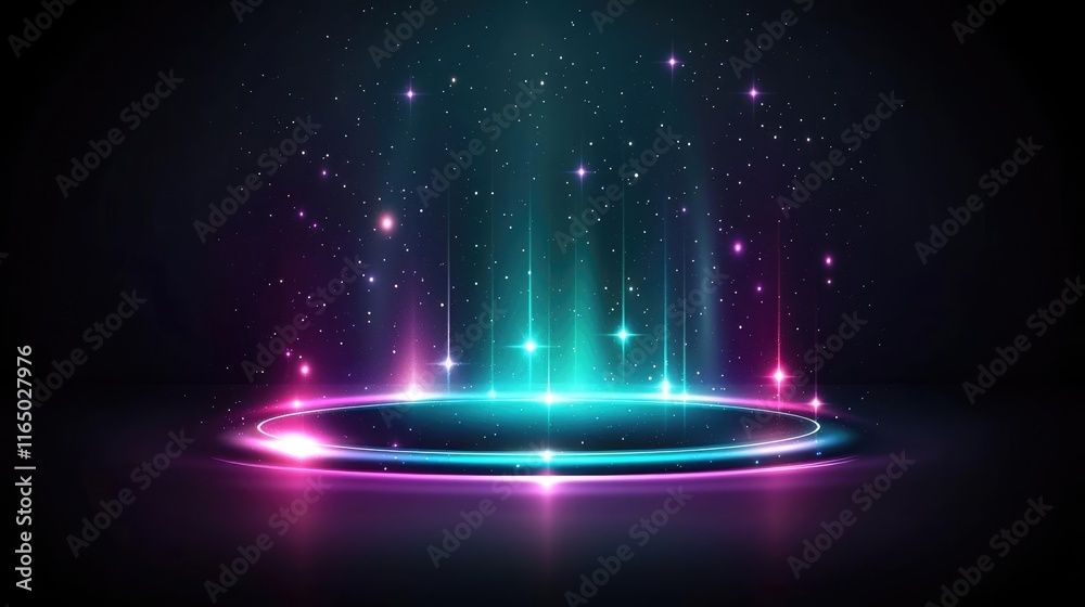 Poster Starry abstract background idea. Vibrant glowing lights create a magical atmosphere in a dark space.