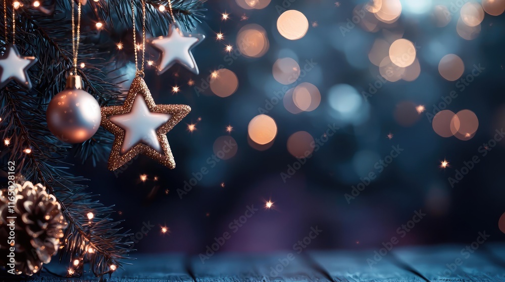 Poster Starry abstract background idea. Beautiful Christmas decorations with shimmering lights and ornaments creating a festive mood.
