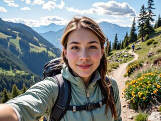Naklejka premium Happy Woman Hiking Mountain Trail Selfie Backpack Flowers