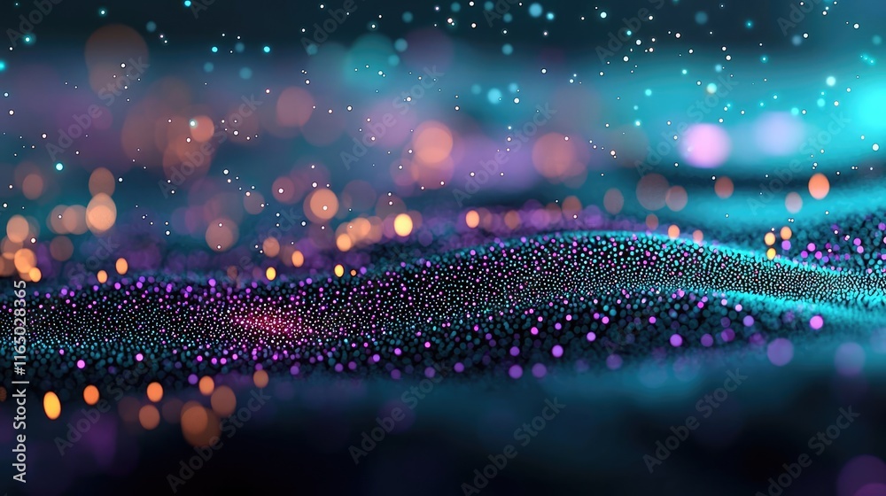 Poster Starry abstract background idea. Vibrant cosmic waves of color with shimmering particles in an abstract background.