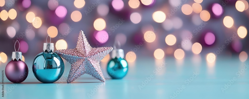 Poster starry abstract background idea. colorful holiday decorations with a star and ornaments on a soft bo