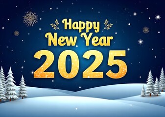 Happy 2025 New Year greeting card with winter theme, snowflake, stars, and confetti on a navy background