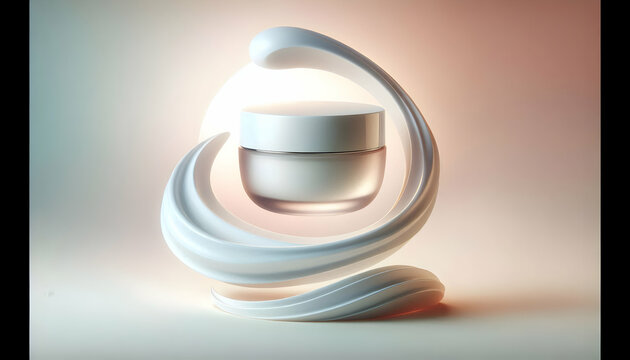 Cosmetic A white cosmetic jar with a lid, held by a smooth, curved white form that seems to flow around the j4