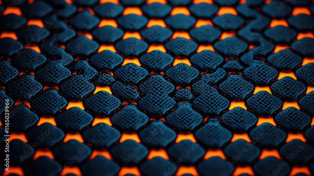 Poster Noise abstract background idea. Abstract close-up of a hexagonal pattern with vibrant orange and dark blue colors.