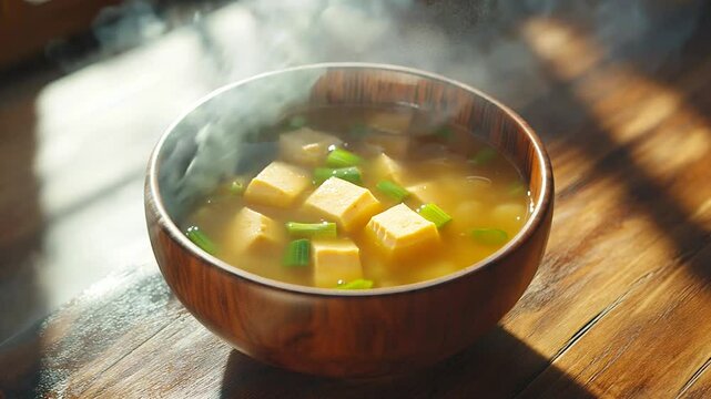 A collection of beautifully lit bowls of miso soup garnished with tofu cubes and fresh green onions, showcasing a warm and comforting Japanese culinary classic