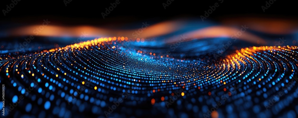 Aufkleber Starry abstract background idea. Abstract image of a digital wave with glowing particles in blue and orange tones.