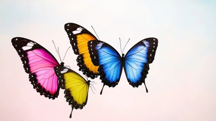 Obraz premium Three colorful butterflies in flight against a soft background.