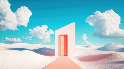 A road leading to a remote desert outpost, with a lone building standing against the vast expanse of sand and sky, evoking a sense of isolation and human resilience in the face of harsh conditions.