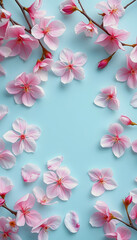 Fototapeta premium Spring cherry blossom petals delicately arranged on a pastel blue background. Suitable for wedding invitations or beauty products, detailed, with white tones