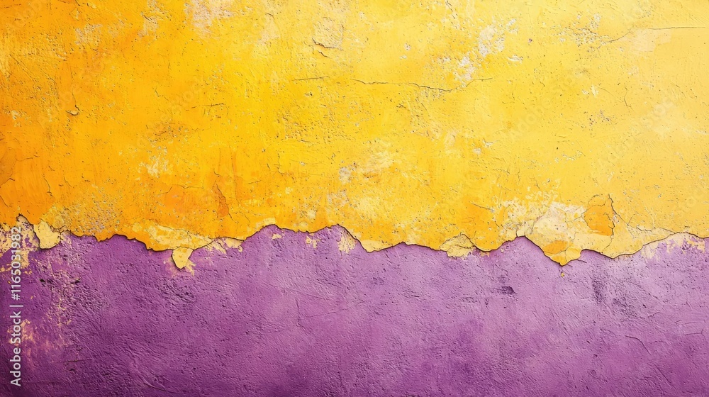 Poster torn abstract background concept. vibrant yellow and purple wall texture with peeling paint creating