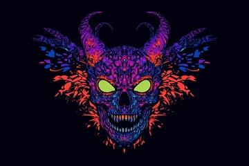 Fototapeta premium Neon demon skull with vibrant colors and intricate details, set against a dark background.