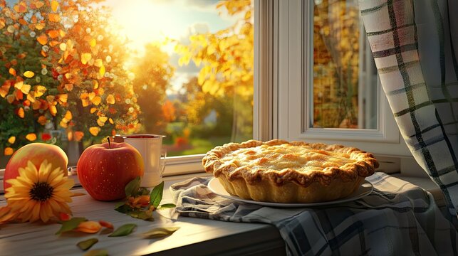 Autumnal scene apple pie on windowsill with apples, sunflower, and fall foliage view.