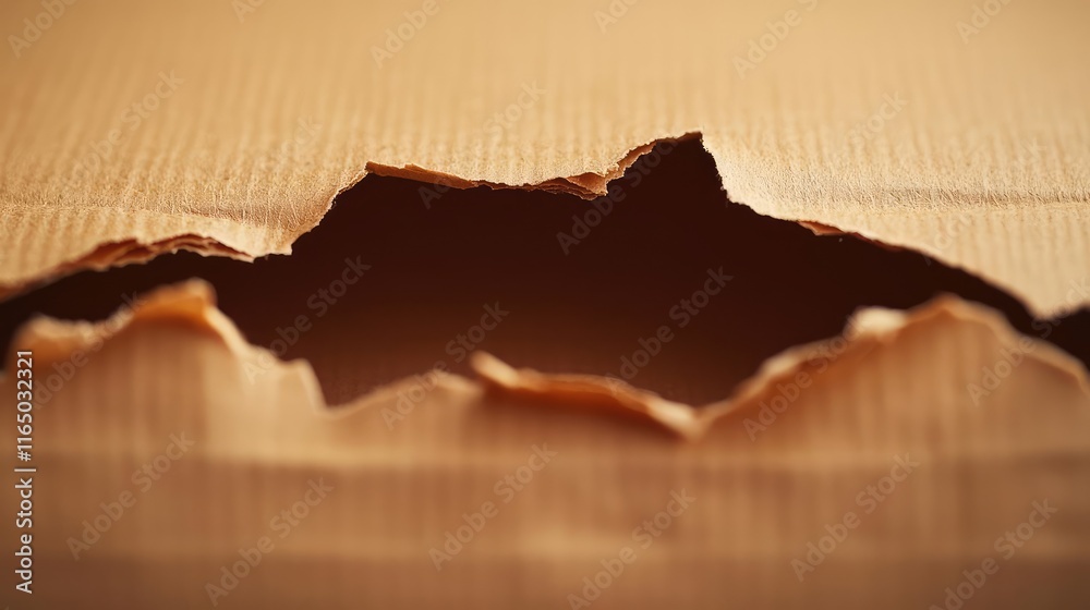 Poster Torn abstract background concept. A close-up view of a tear in a cardboard box, symbolizing vulnerability.
