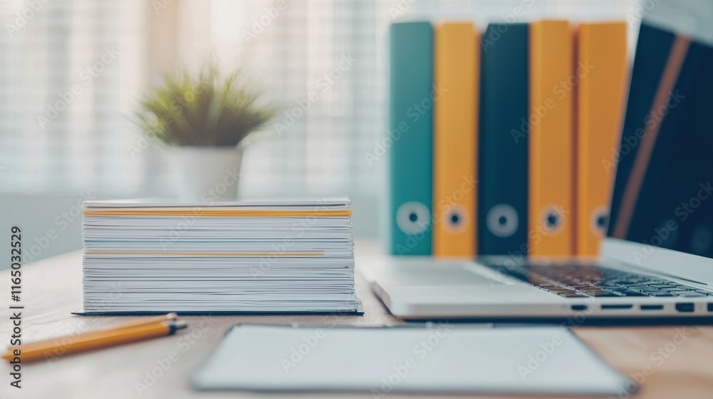 Poster Stack of folders and files resting on entrepreneur's desk with laptop and binders, representing disciplined mindset