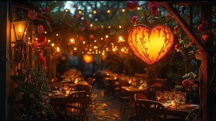 Romantic outdoor restaurant at night, illuminated with string lights and lanterns.