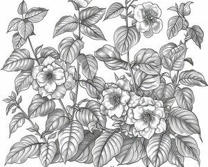 Intricate stipple-shaded floral design featuring blossoms and leaves. Ideal for vintage-style stationery, textiles, or packaging.